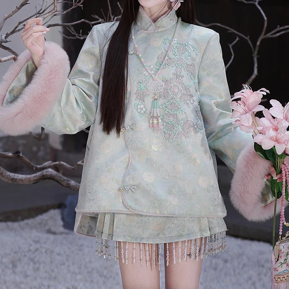 【浮翠记】冬季气质新中式90白鸭绒羽绒服裙裤