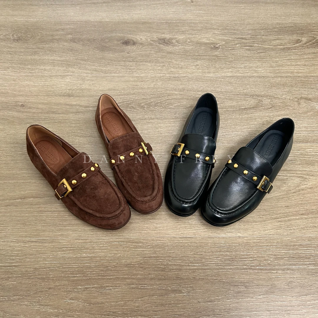 Dannyfrey英伦风牛皮复古气质一脚蹬金属扣可调节百搭乐福鞋1.5CM