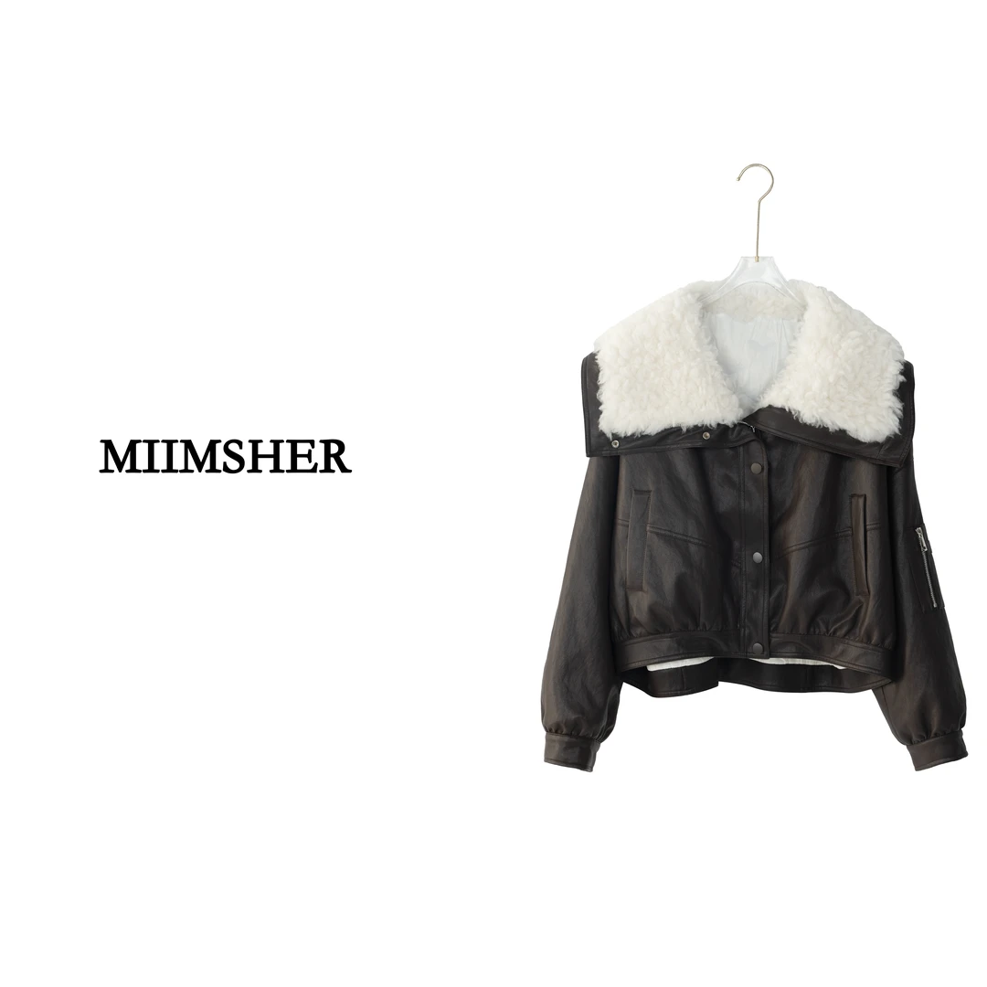 冬季韩系爆款复古大翻领2024时尚毛领棕色PU皮羽绒服外套WLB495