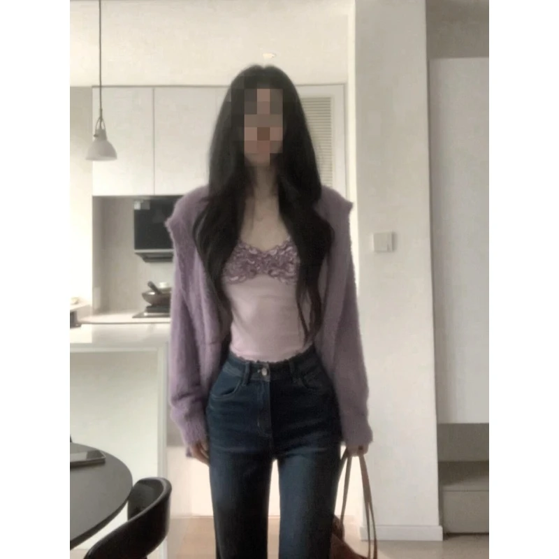 parkyeon少女风纯欲紫色连帽毛衣外套花边吊带修身牛仔裤三件套