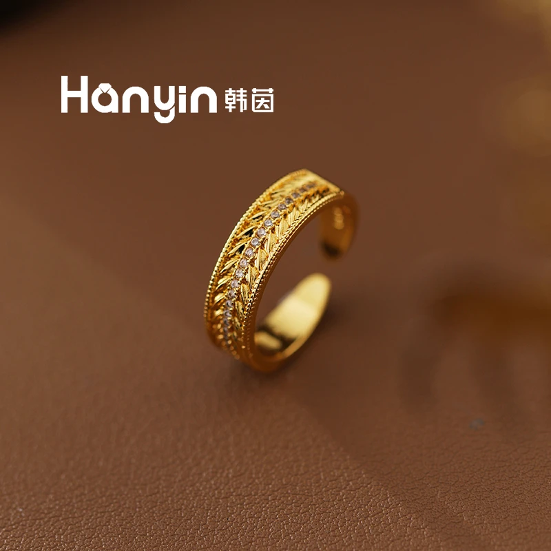 铜合金合成锆石戒指 大麦丰收麦穗精致微镶活口时尚气质百搭指环