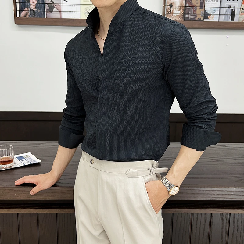 男士新中式泡泡纱立领长袖衬衫修身商务休闲高级感衬衣修身衬衫