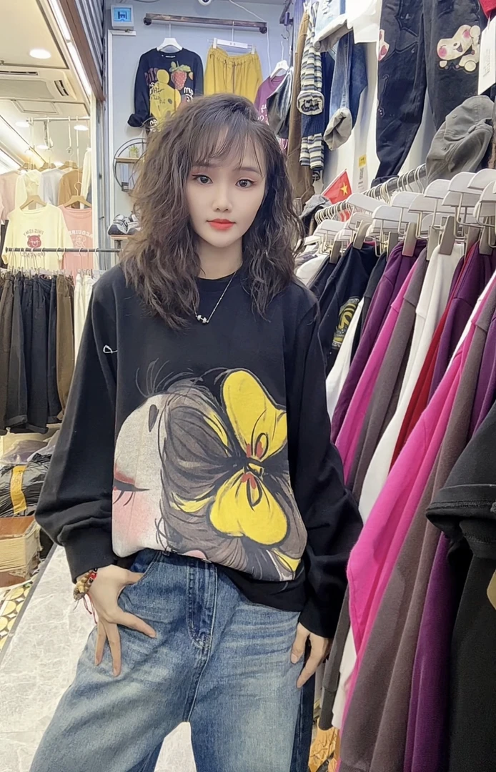 时尚个性潮流秋冬重工彩绘无痕印花纯棉正肩休闲宽松卫衣6535