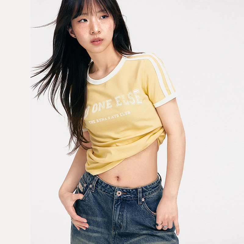 NO ONE ELSE美式复古女装夏季拼接条纹修身圆领短袖上衣字母T恤