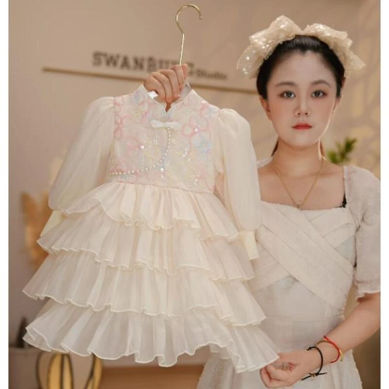 （现货）【Y.n2484】新款女童国风重工拼接网纱公主裙洋气蓬蓬连衣裙