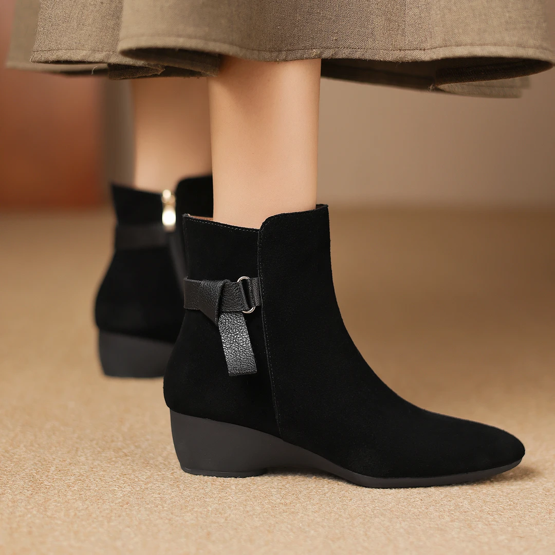 跟高4.5cm/34-40羊反侧拉链磨砂粗跟短靴冬季芒果头加绒妈妈鞋