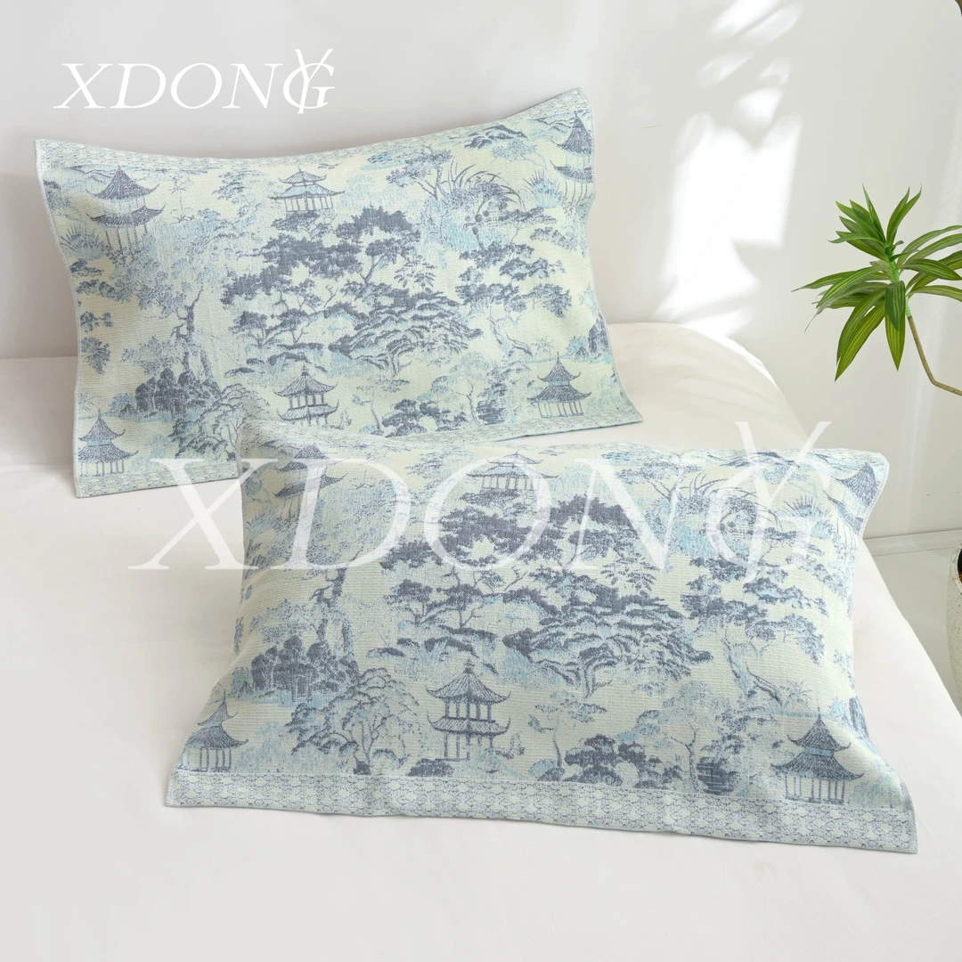 XDONGY（冬云家纺）高定52*75 柔软亲肤 庭宇楼阁蓝 枕巾一对装