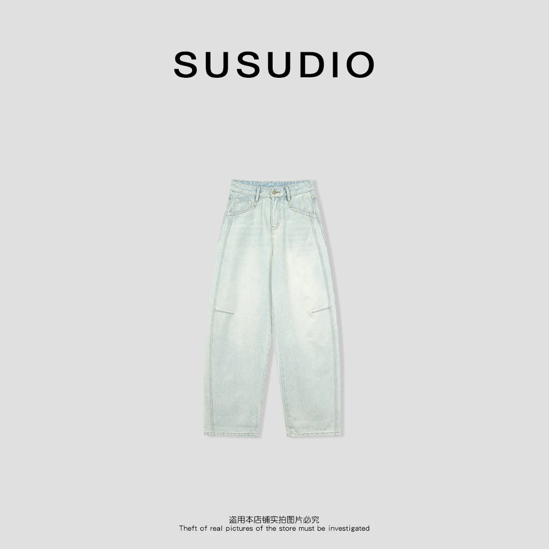 SUSUDIO 100棉设计款休闲舒适水洗弯刀牛仔裤40085