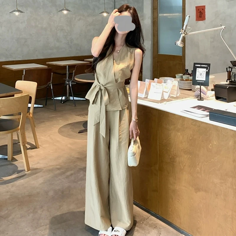 夏日绝美穿搭套装女2025新款夏季韩系高级感背心衬衫阔腿裤两件套