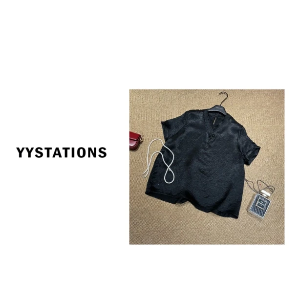 YYSTATIONS 高级感V领先手醋酸T恤-25163