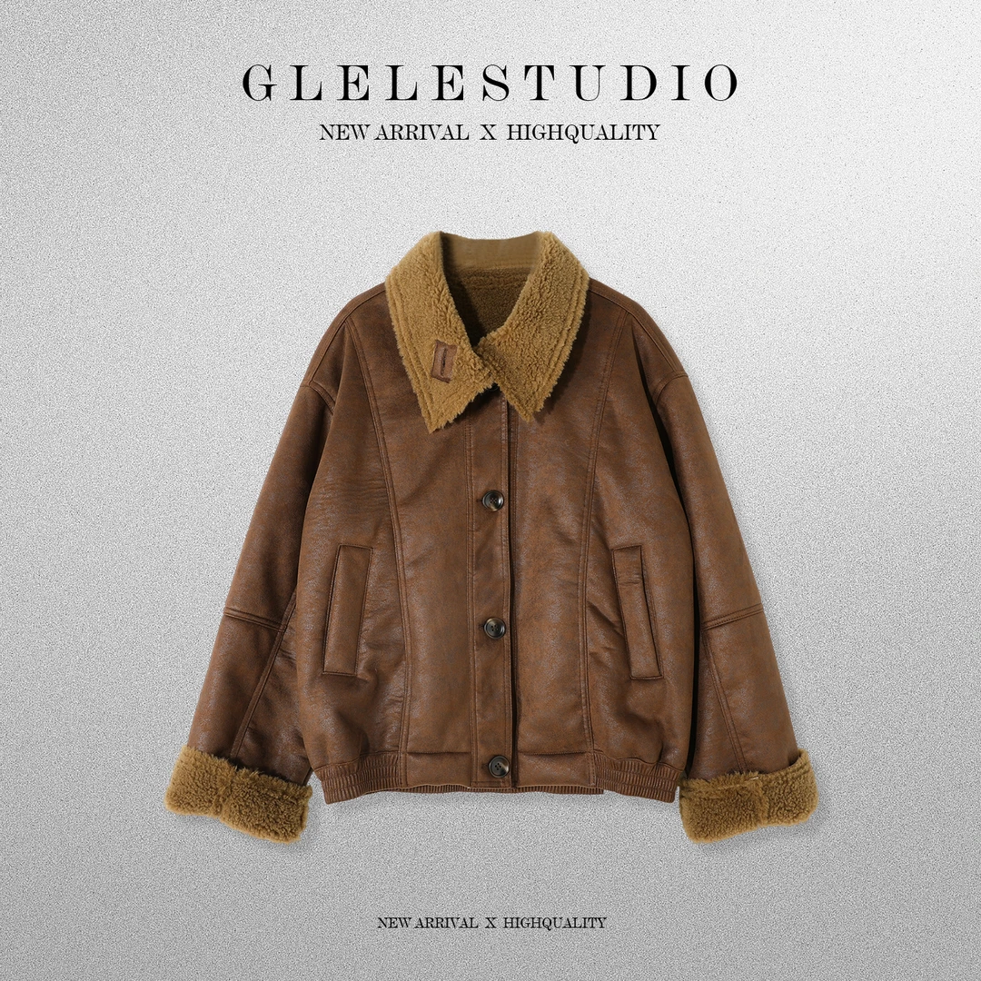 Glele私服「黑曜麂皮外套」大廓形翻领机车单排扣麂皮外套