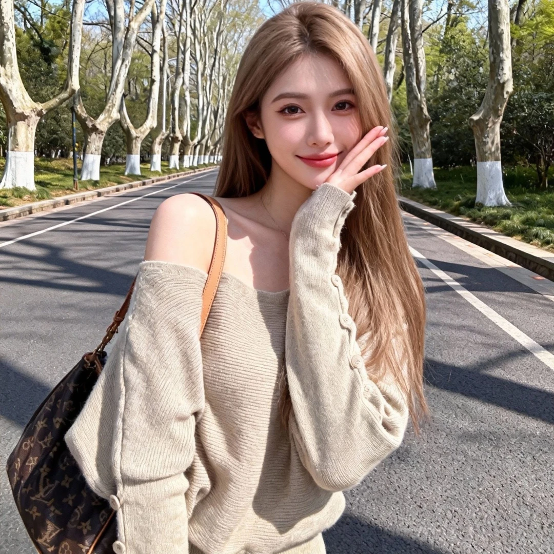 新款日系灰色针织衫女气质一字肩蝙蝠袖毛衣针织衫#71059