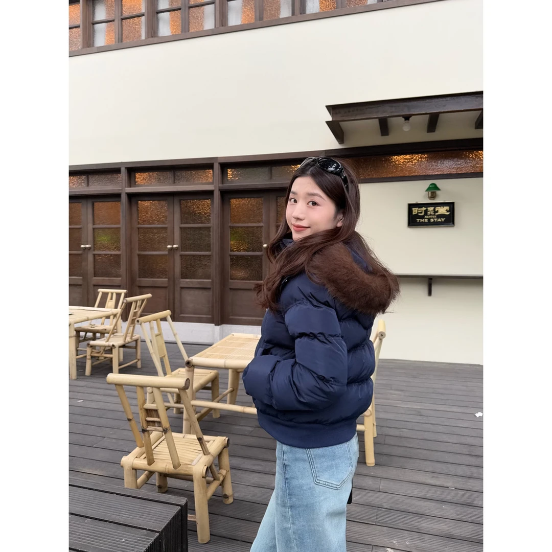 大丫  【美式古早】  冬季保暖毛领连帽藏蓝色短款棉服外套