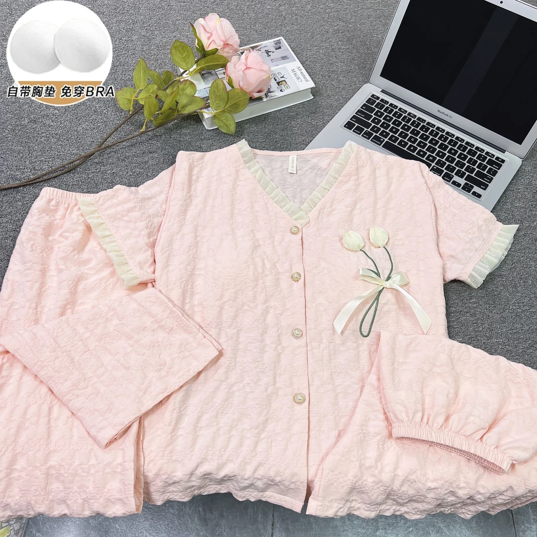 夏季新款棉纱【郁金香】带胸垫短袖三件套睡衣女樱花粉甜美家居服薄