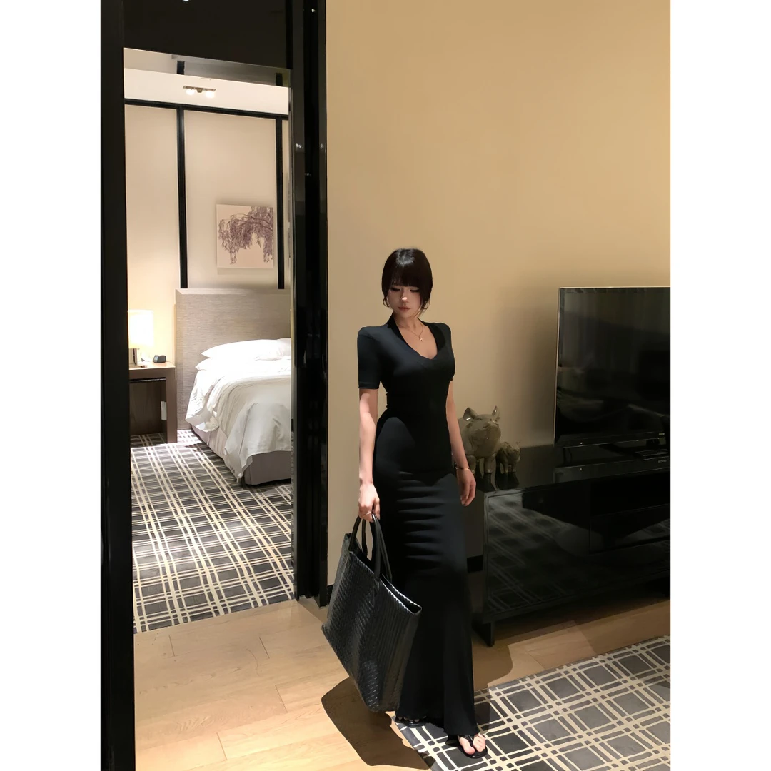 唐顿庄园隐贵感高级质感V领精致版型连衣长裙可两穿一字肩连衣裙