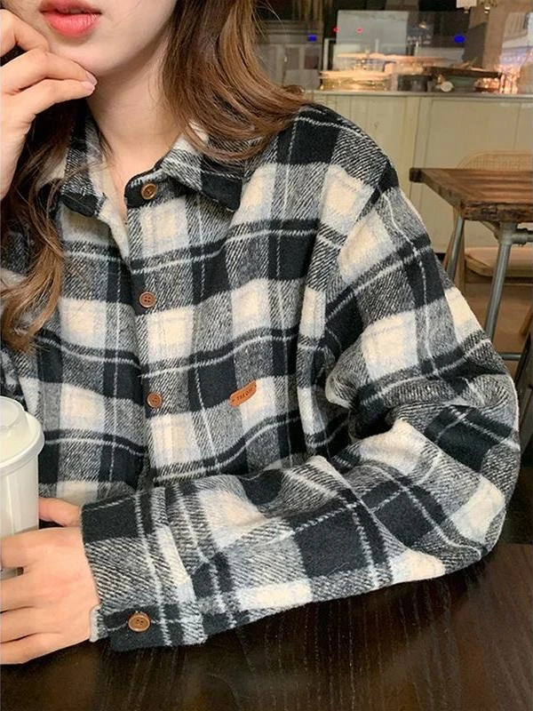 复古磨毛加厚加绒经典黑撞色格子衬衫女冬季叠穿宽松慵懒上衣外套