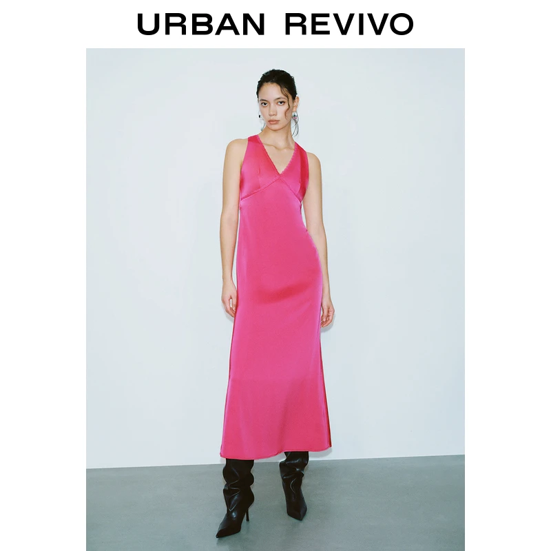 UR2025春季新品女装欧若风时髦蕾丝V领交叉无袖连衣裙UWM750011