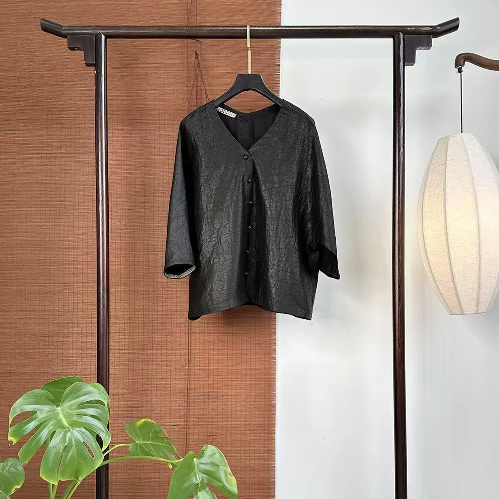 100桑蚕丝香云纱开衫龟裂纹防晒新中式富婆JX8979