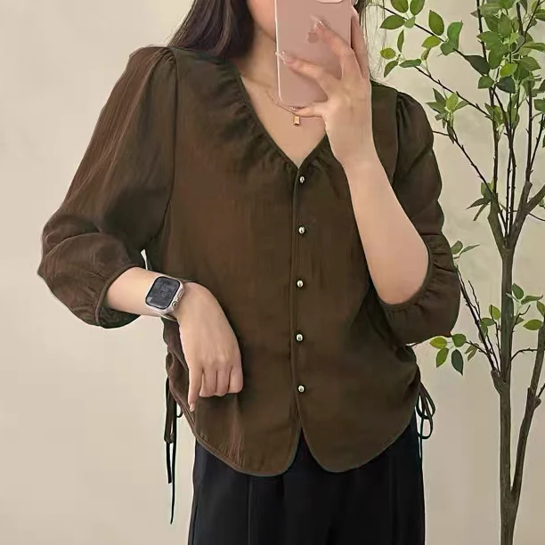 女士V领两侧抽绳褶皱长袖衬衫春季新款其实时尚显瘦百搭24001