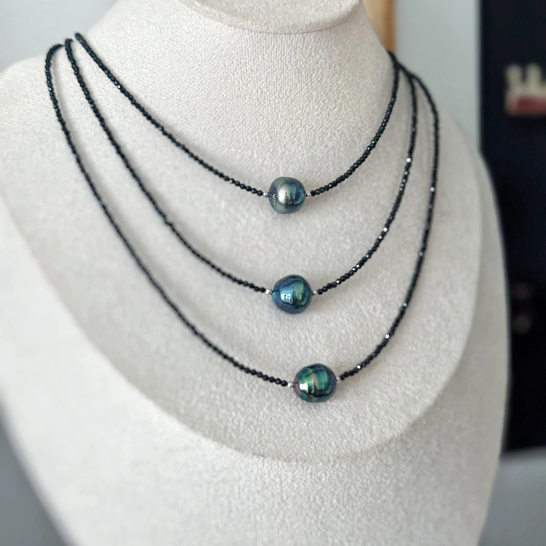 【绎世】星轨 s925银黑尖晶大溪地巴洛克路路通珍珠项链（多样性发一