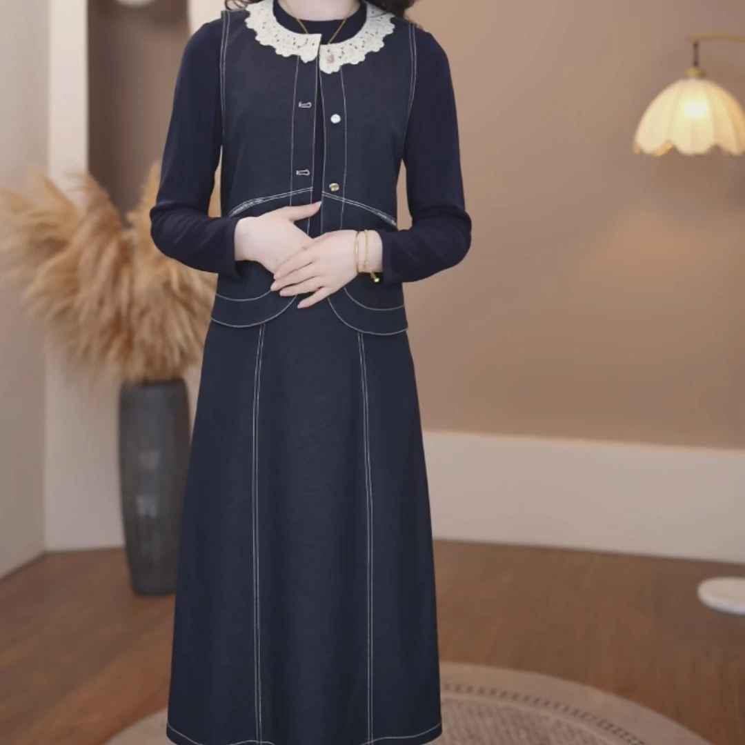 {两件套}2025新款春季时尚修身藏蓝色背心两件套连衣裙