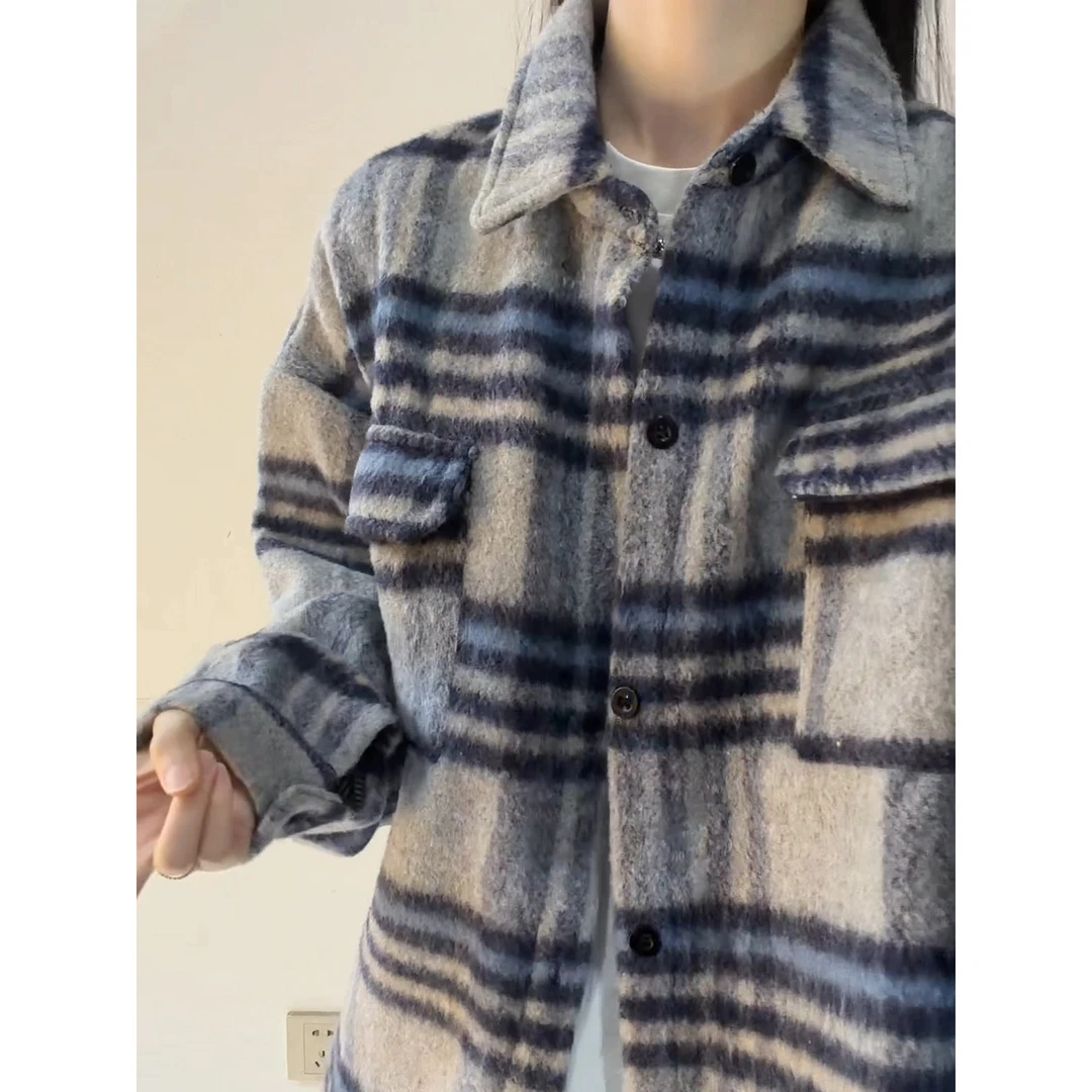 毛呢格子外套男士2025新款春秋季美式潮牌青少年宽松翻领夹克上衣