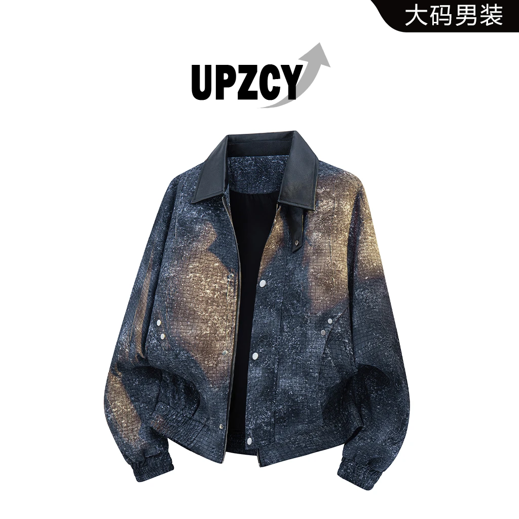 UPZCY男士大码扎染拼接外套秋季纹理感格子宽松休闲夹克上衣外套