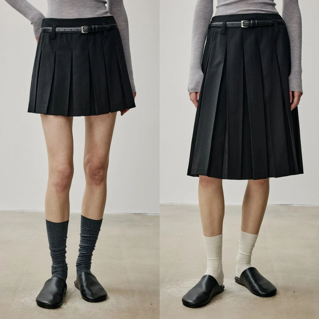 开间黑标/意大利MARZOTTO精纺羊毛 时髦M1U风连腰工字褶百褶半裙