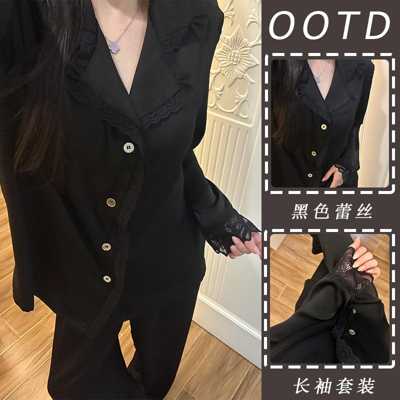 简约长袖睡衣女春秋季蕾丝花边韩版宽松薄款可外出睡衣家居服套装