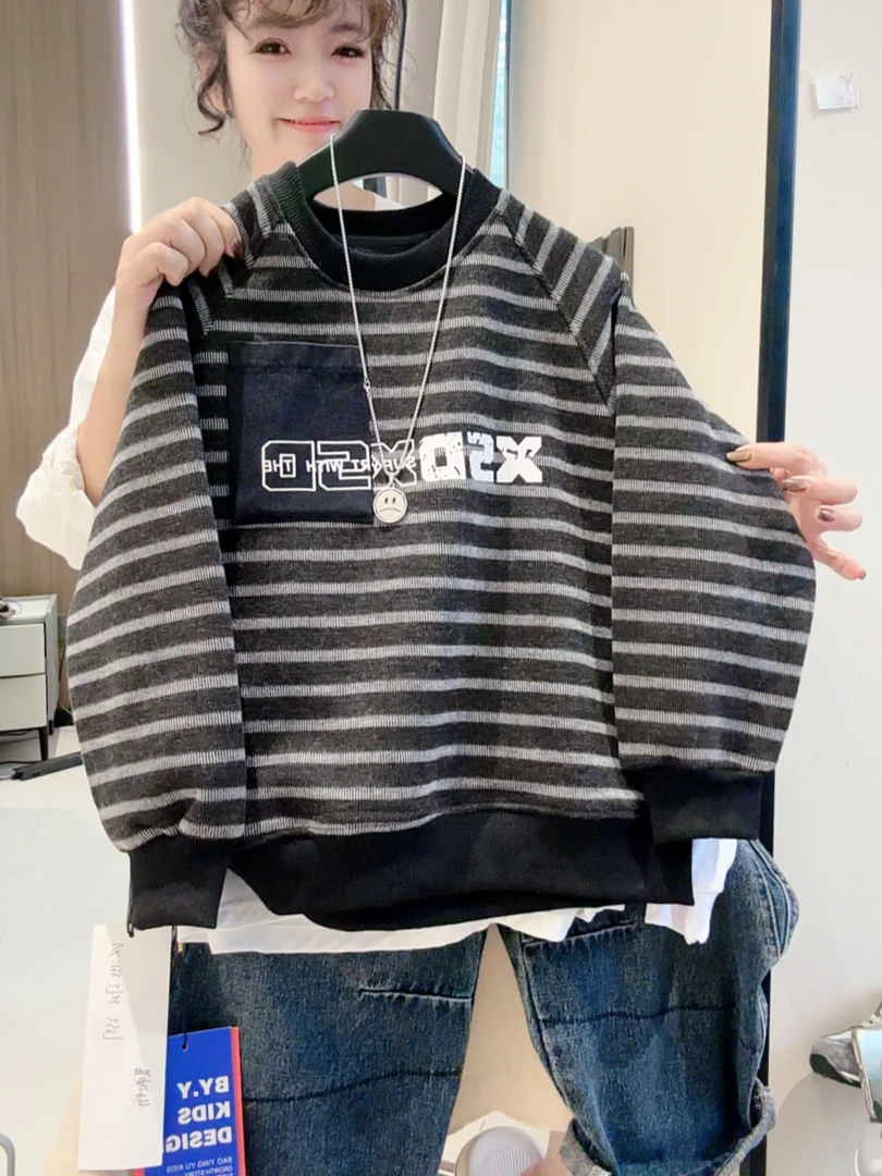 男童糯米棉加绒卫衣秋冬2025新款儿童装洋气假两件条纹一体绒卫衣