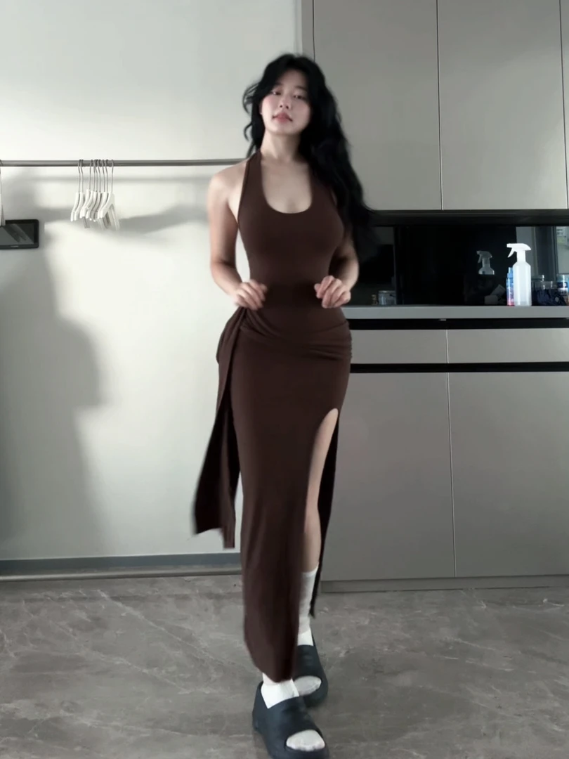 系带欧美风修身显瘦露背开叉连衣裙女夏季性感风无袖长裙