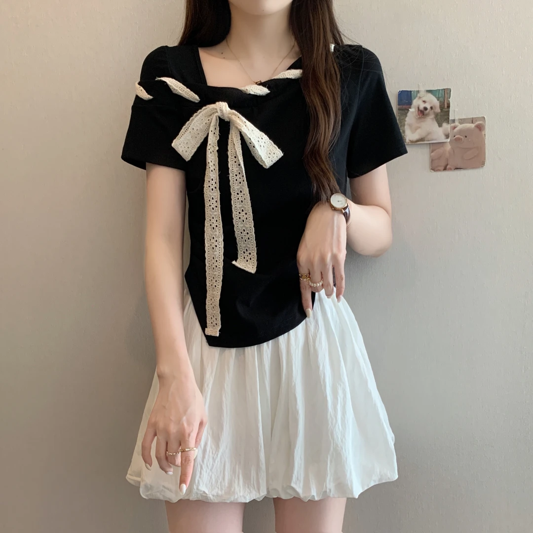 法式系带黑色斜肩短袖T恤女夏季大码胖妹妹显瘦蝴蝶结不规则上衣