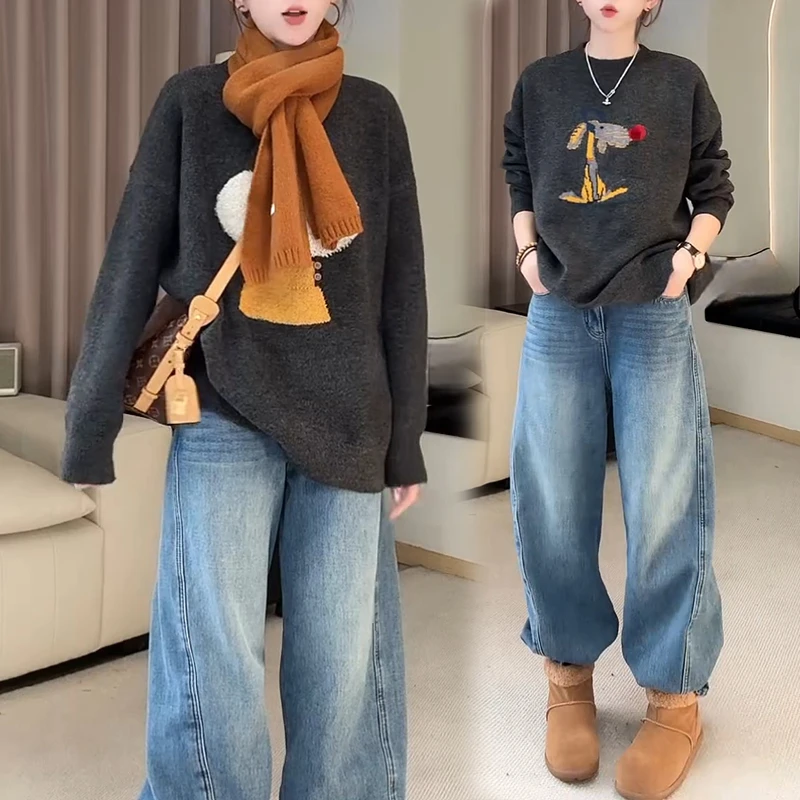 卡通装饰针织阔腿牛仔裤套装2025冬季宽松保暖休闲日常出街松弛风