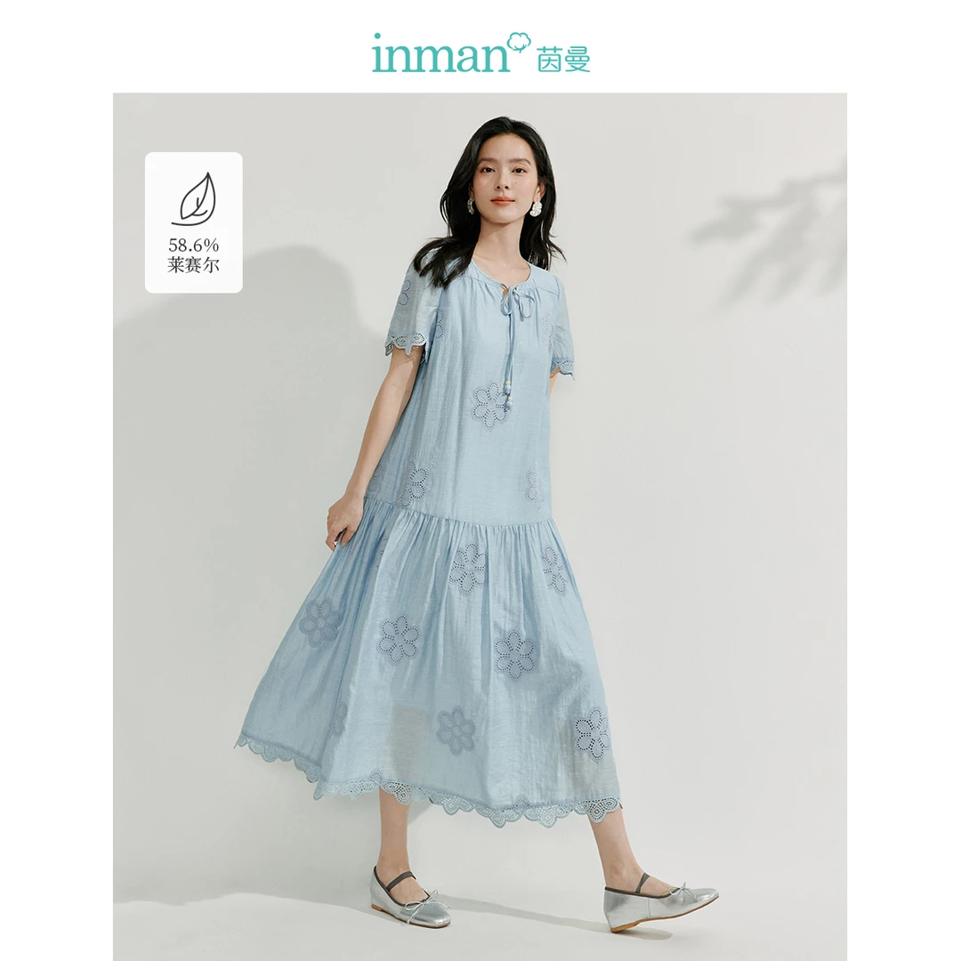【年终狂欢购】茵曼度假风莱赛尔镂空刺绣连衣裙新款慵懒短袖裙子