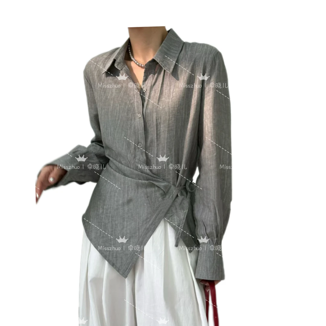 Miss zhuo｜卓晓儿 斜绑绳收腰衬衫翻领长袖春季上衣显瘦