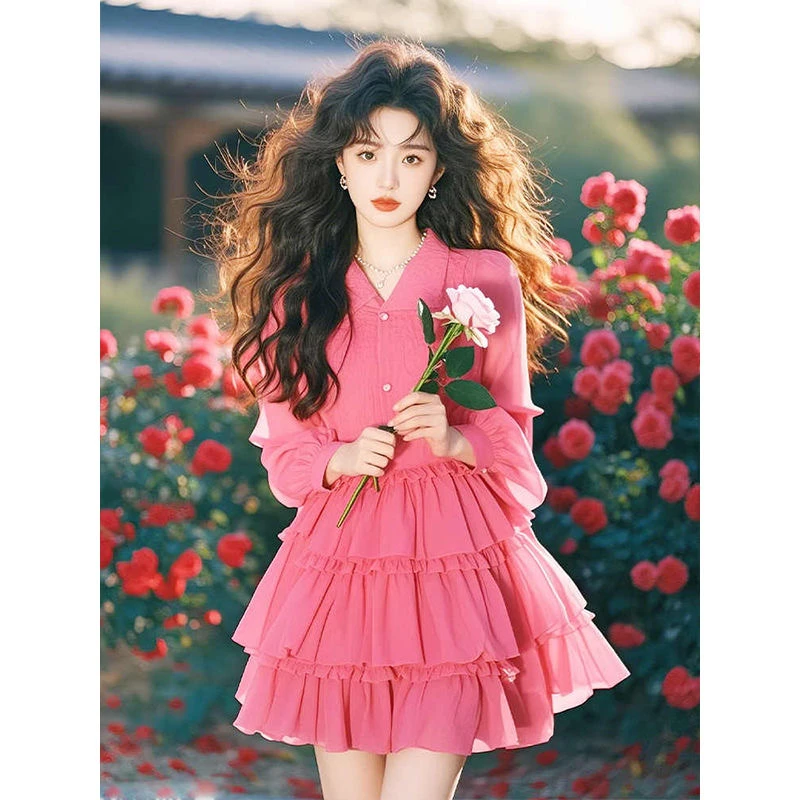千语栀【繁花四月】春装2025年新款玫粉色翻领蛋糕连衣裙设计感长裙