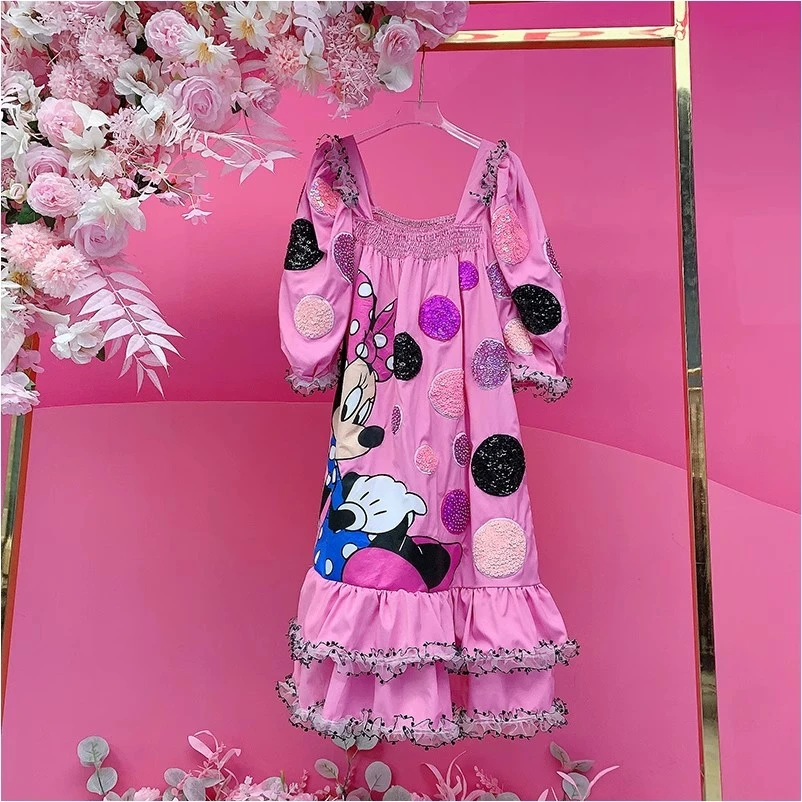 X22098泰国潮牌设计师2025春夏新款重工钉珠刺绣卡通米奇连衣裙女