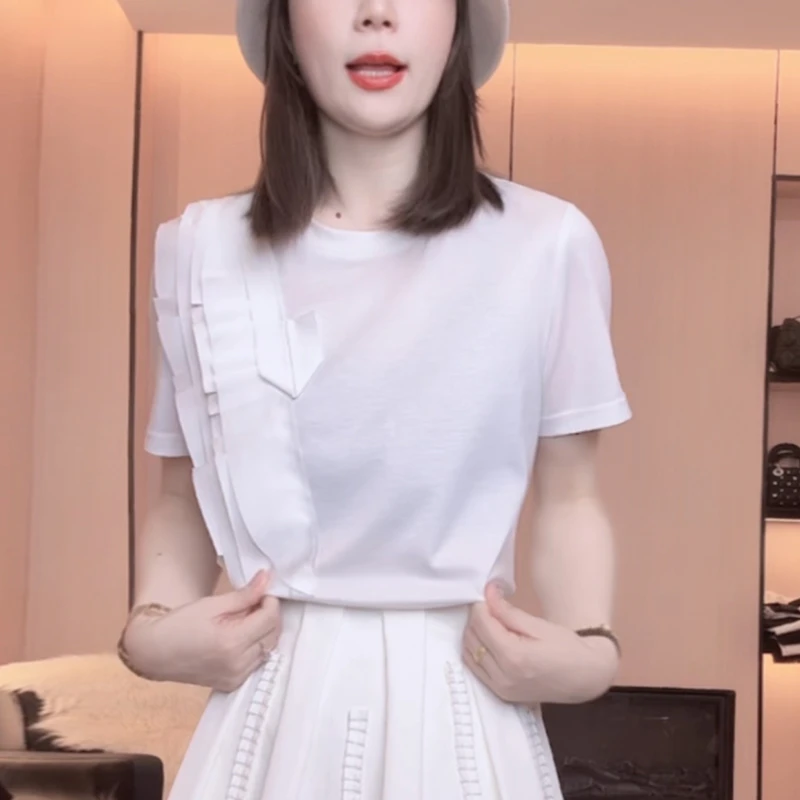 白色木耳边短袖t恤女士2025夏季新款时尚减龄宽松显瘦设计感上衣