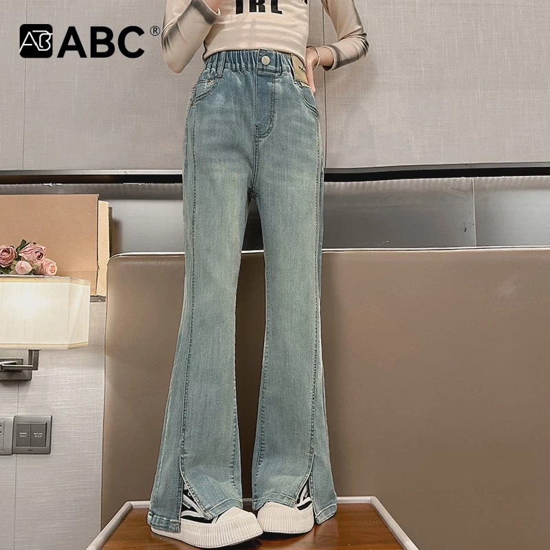 ABC女童喇叭裤秋冬2025新款洋气女大童春秋加绒弹力牛仔裤儿童长