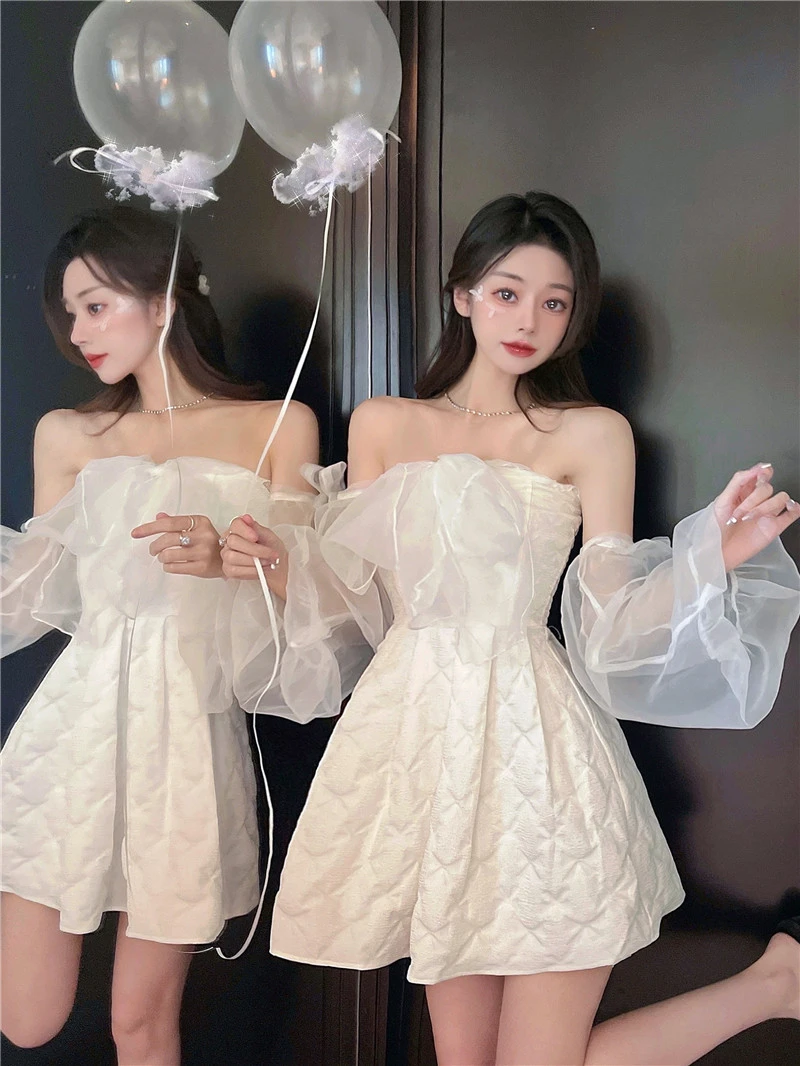 法式性感露背a字裙短裙子新款高腰网纱袖party礼服裙蝴蝶结连衣裙