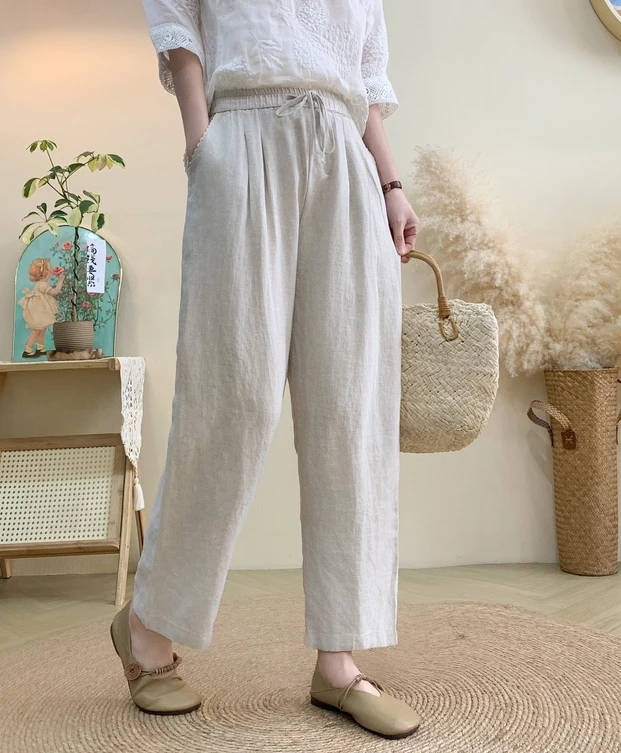口袋宽松花边亚麻小脚裤