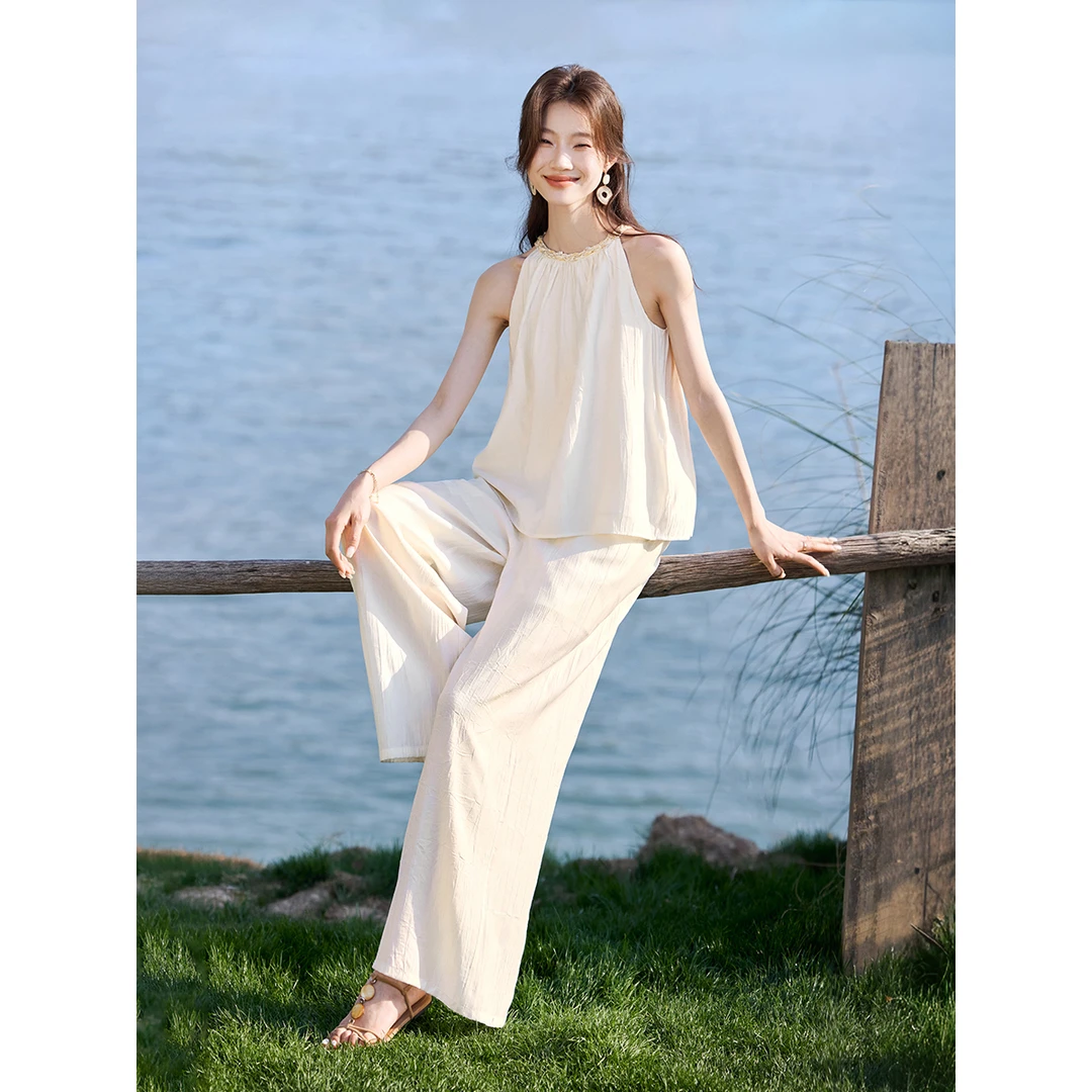 沫晗依美【恰好时光】25夏季质感小香风织带设计挂脖背心新款套装