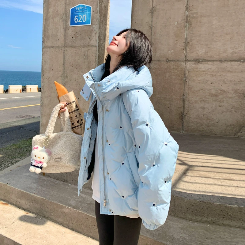 小雏菊刺绣羽绒服女2025冬季新款小众韩系甜美ins风白鸭绒面包服