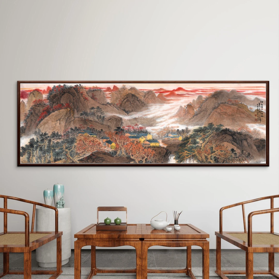 327-62*185新中式浩荡神州好个秋实木框挂画客厅沙发背景墙装饰画