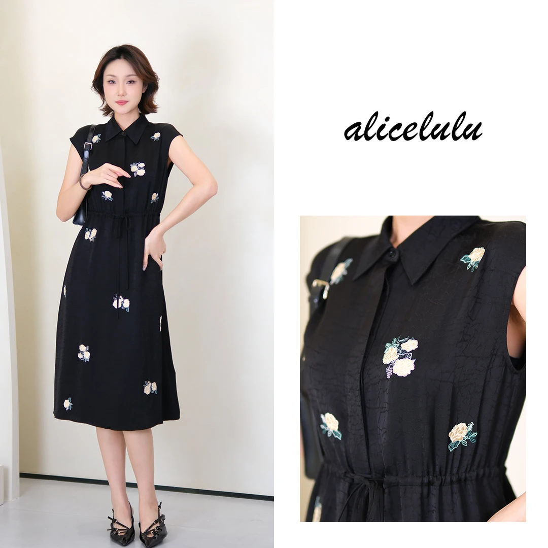 [alicelulu] 龟裂纹精致花朵刺绣气质收腰连衣裙S2143395A