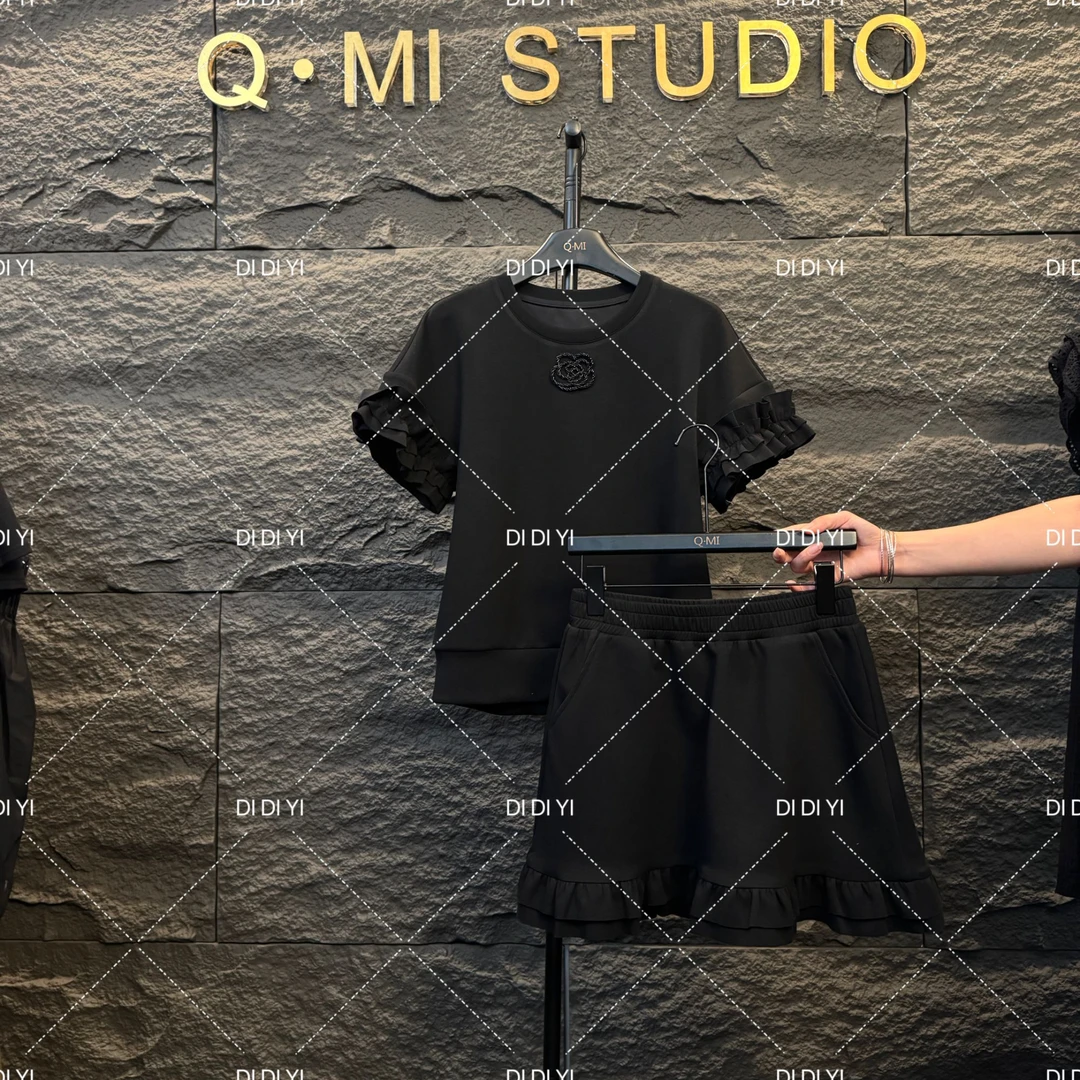 2025原创大码高定设计款山茶花重工捏折袖口显瘦两件套裙裤25041