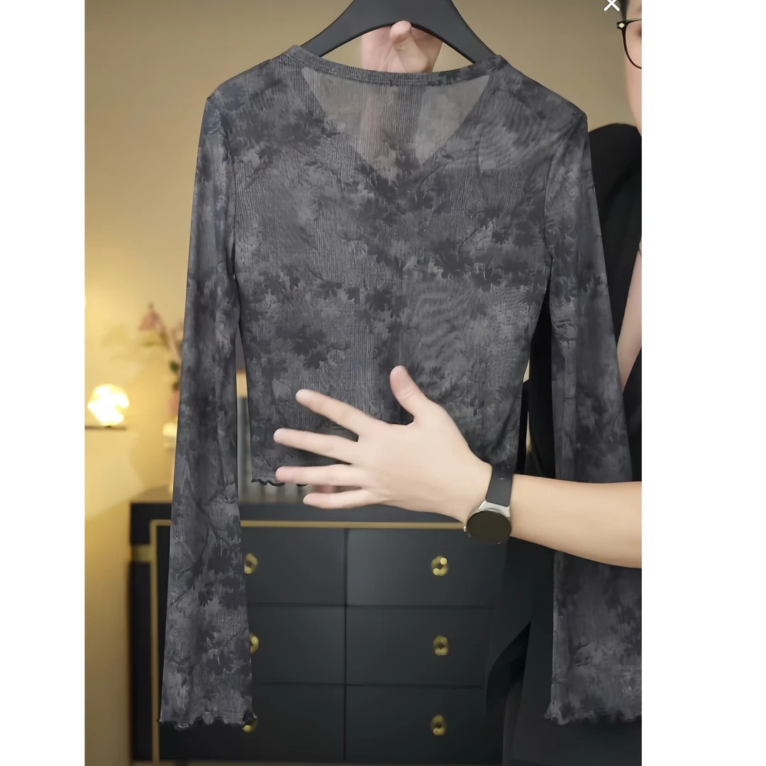 【花漾薄衫】夏季优雅V领碎花网纱开衫长袖女时尚百搭设计感上衣潮