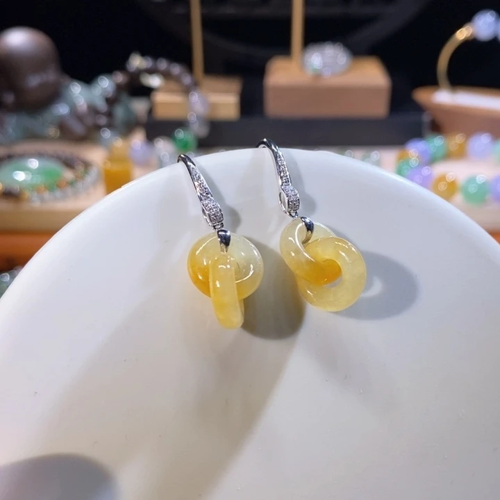 翡翠18K金镶嵌吊坠(不含链)翡翠冰黄耳坠