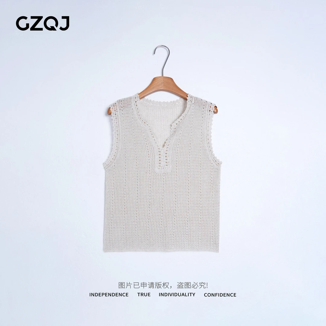 老琴私服【米纱花影】欧若风亚麻天丝钩花V领无袖针织背心女夏72261