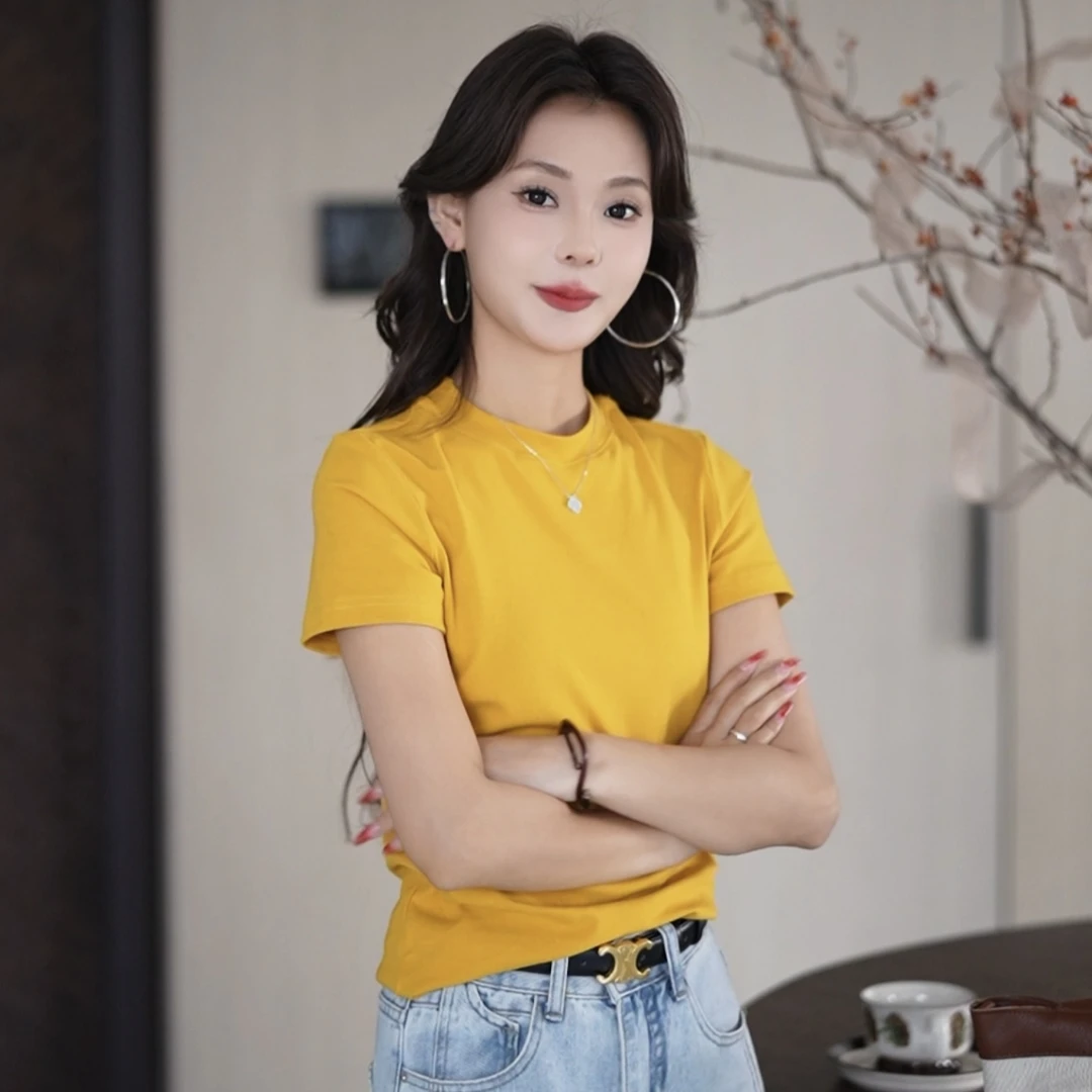 2025早春款夏款圆领设计感时尚百搭短袖显瘦上衣款女